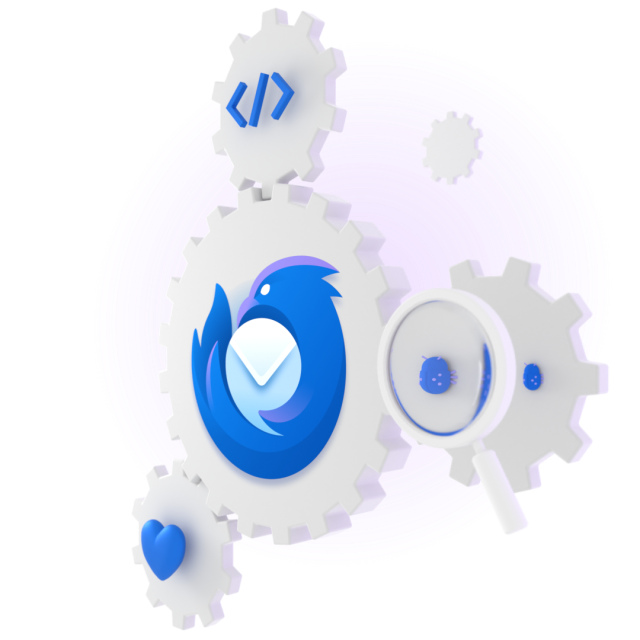 Various gears all working in tandem with a heart, a code symbol, a magnifying glass displaying a very small bug, and the Thunderbird Logo in the centre of it all.